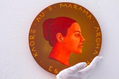 Maori-Inspired Portrait in Ochre on Circular Wood - 'Currency #218'