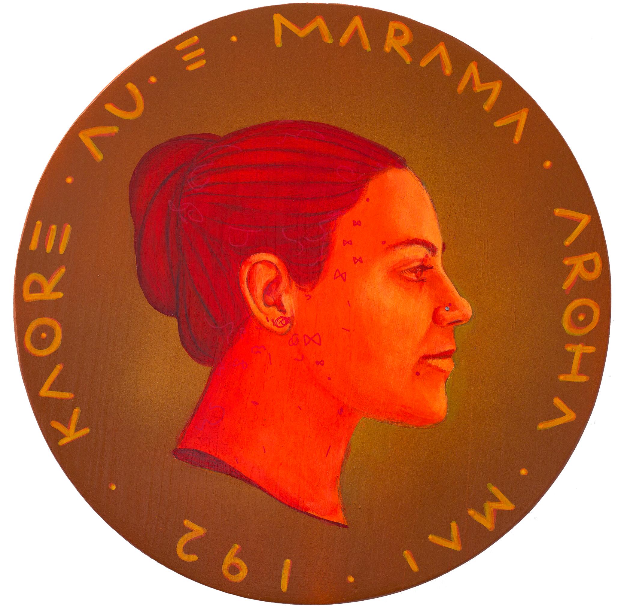 Contemporary Figurative Pop Portrait on Wooden Wood Coin. Maori. "Currency #218" - Mixed Media Art by Natasha Lelenco