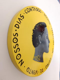 Currency #139. Black and White Acrylic Painted Portrait on Yellow Wooden Coin