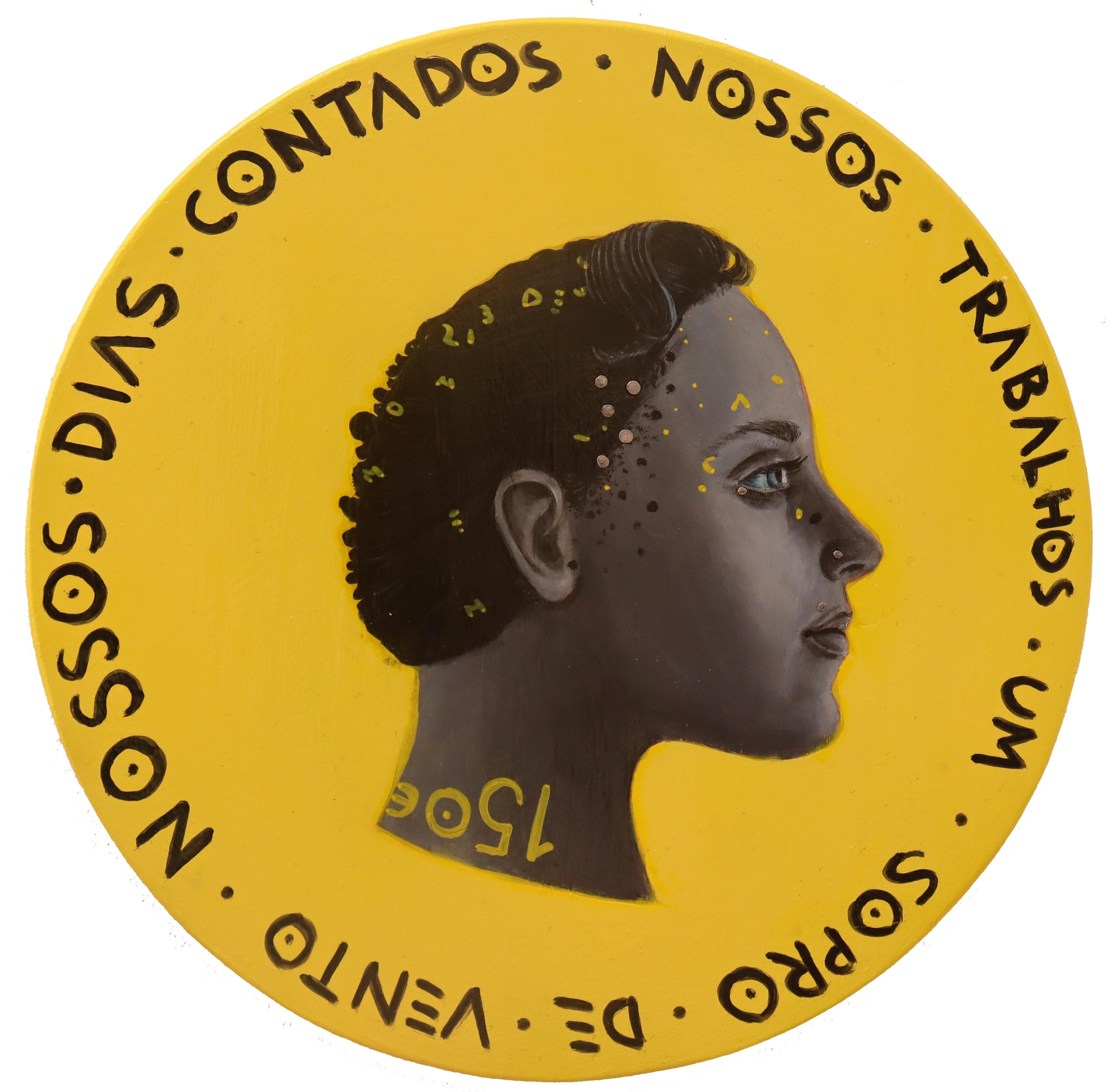 Portrait féminin contemporain en noir et blanc. Fond jaune  "Monnaie #139" - Mixed Media Art de Natasha Lelenco