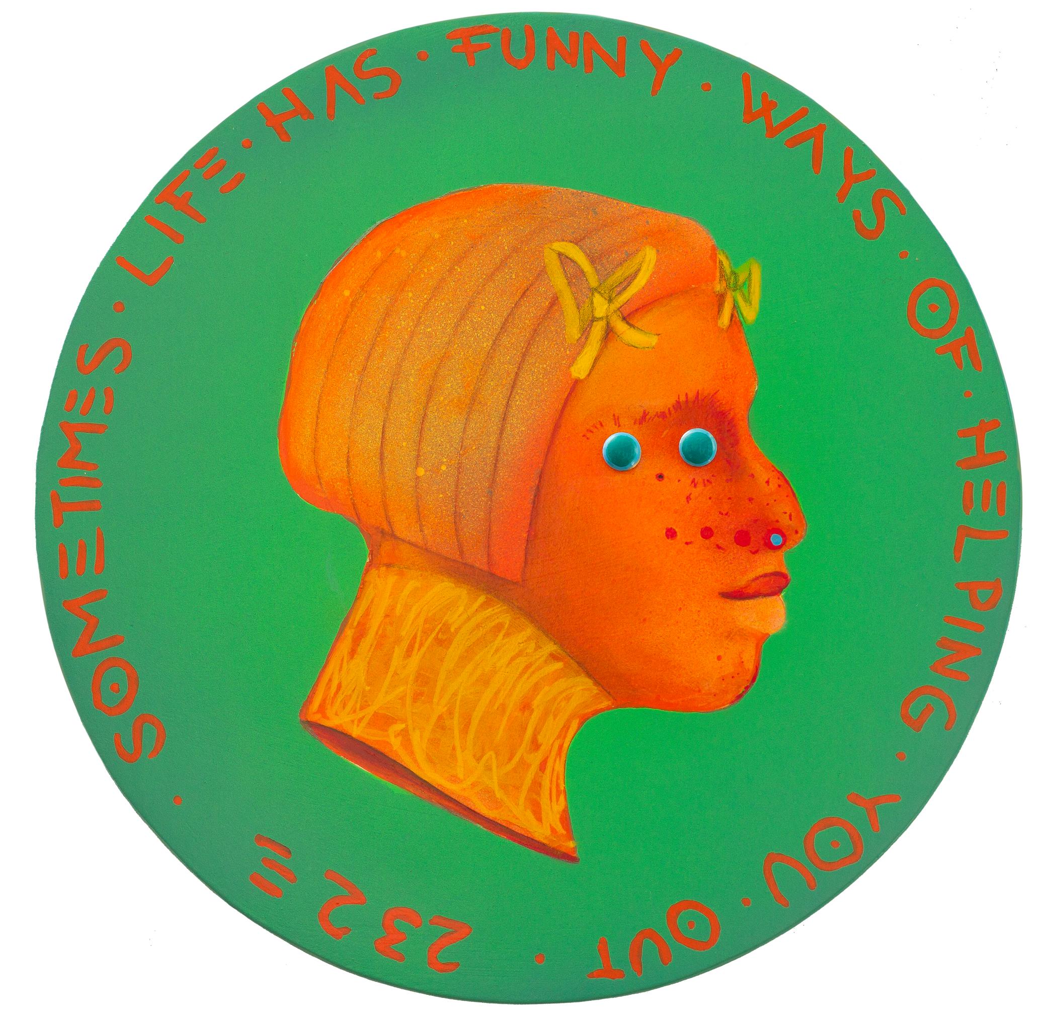 Contemporary Pop Surrealist Colorful Face Coin. Naiv   "Währung #215" – Mixed Media Art von Natasha Lelenco