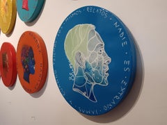 Contemporary Pop Surrealist Portrait. Blue Background Man. "Currency #124"