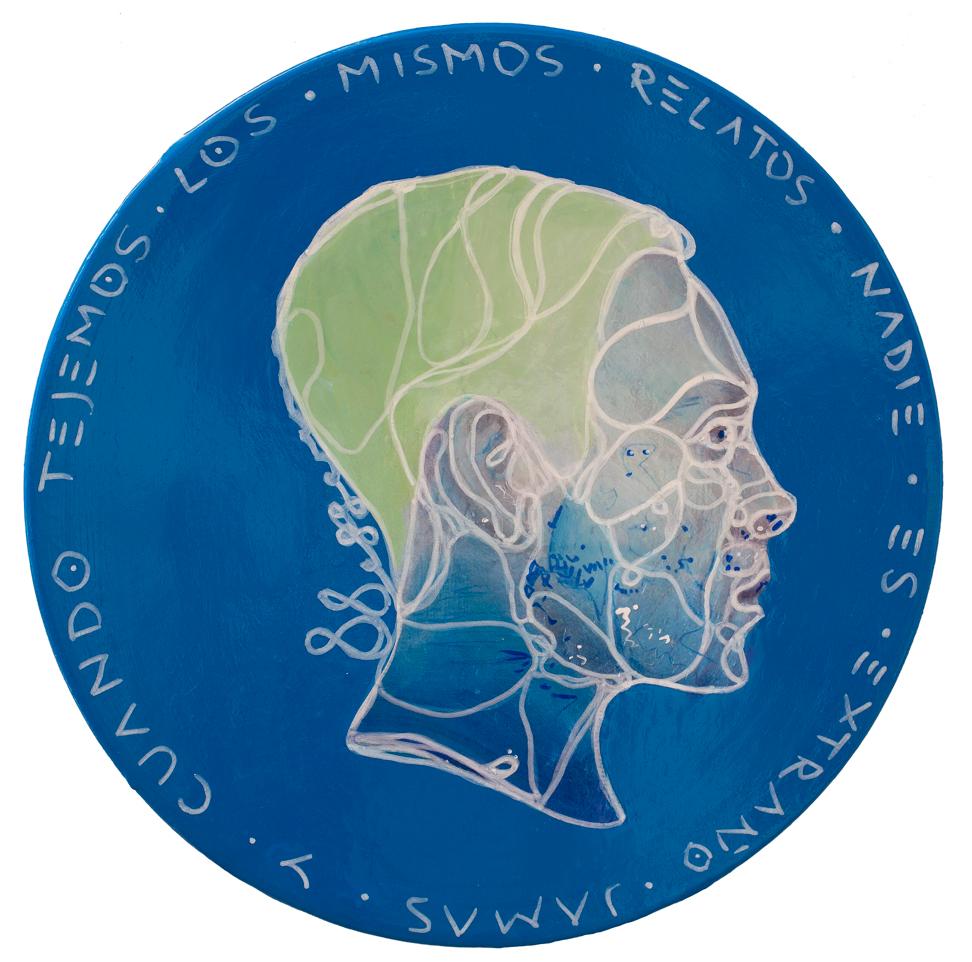 Contemporary Pop Surrealist Portrait. Blue Background Man. "Currency #124" - Mixed Media Art by Natasha Lelenco