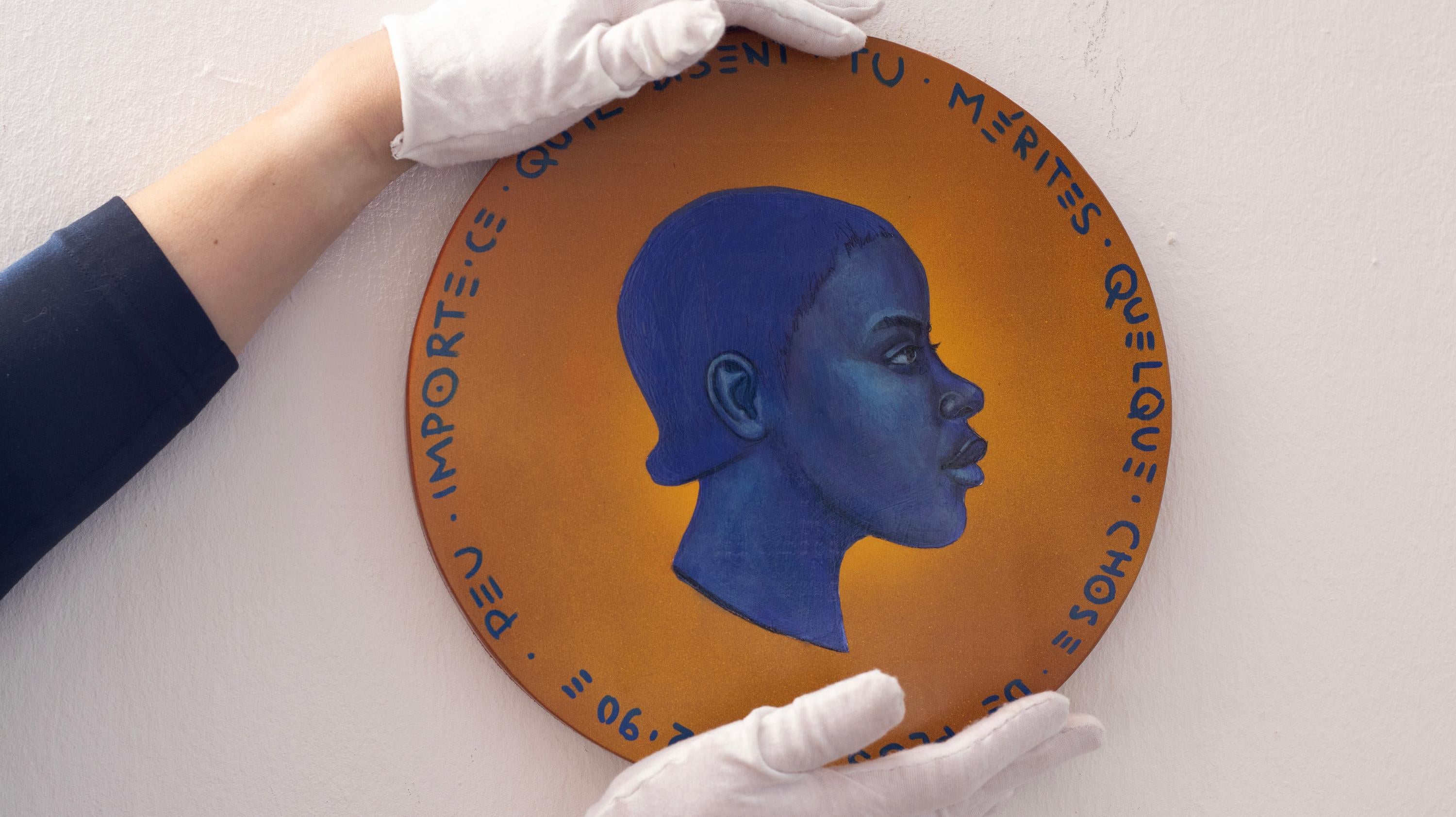 Contemporary Blue Side Profile Portrait. Wooden Coin.   