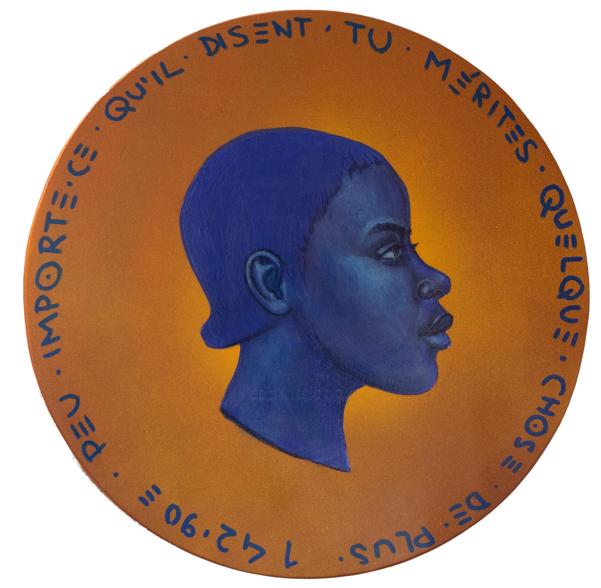 Natasha Lelenco Portrait Painting – Zeitgenössisches blaues Seitenprofil-Porträt. Hölzerne Münze.   "Währung #202"