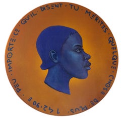 Portrait contemporain pop surréaliste sur une pièce de monnaie en bois. Migrant.  "Monnaie #202"