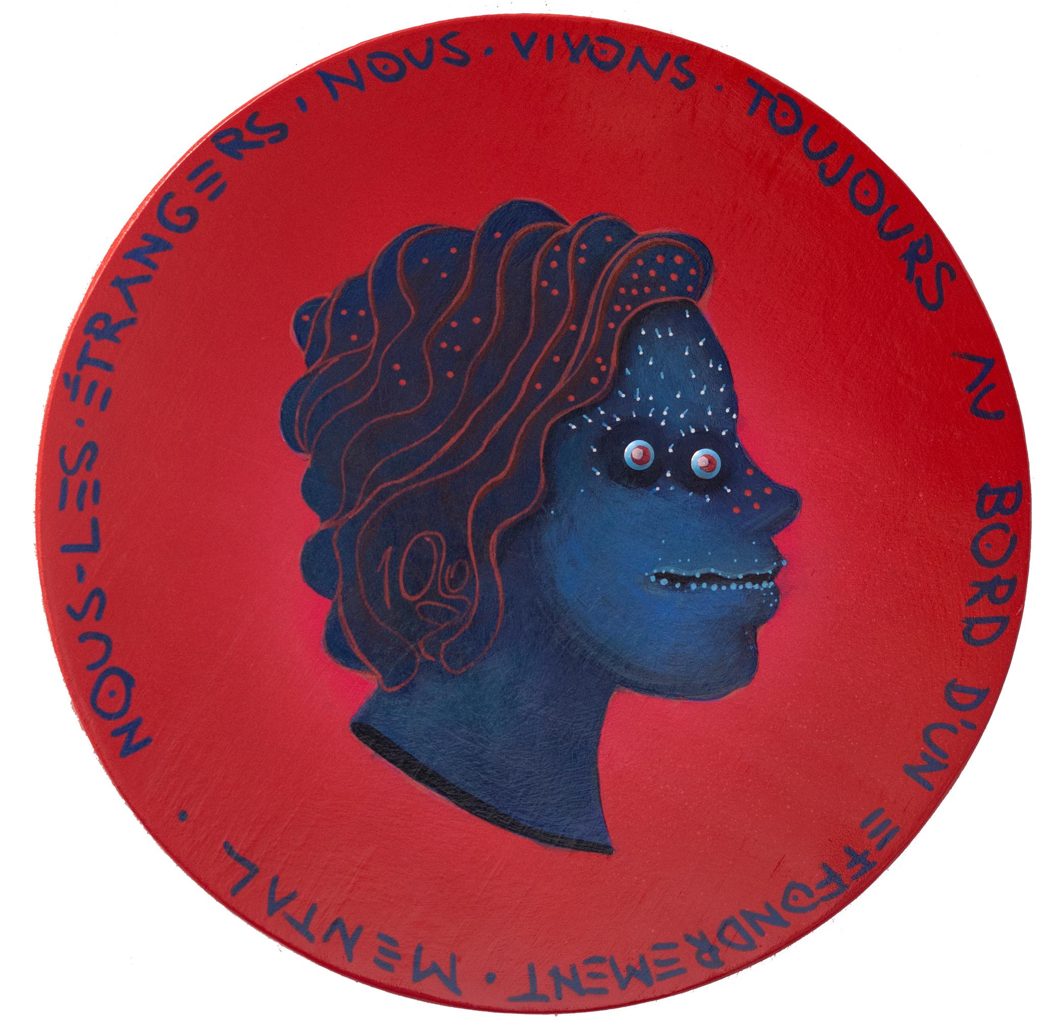 Portrait abstrait contemporain en bleu sur Wood. Fond rouge  "Monnaie #201"