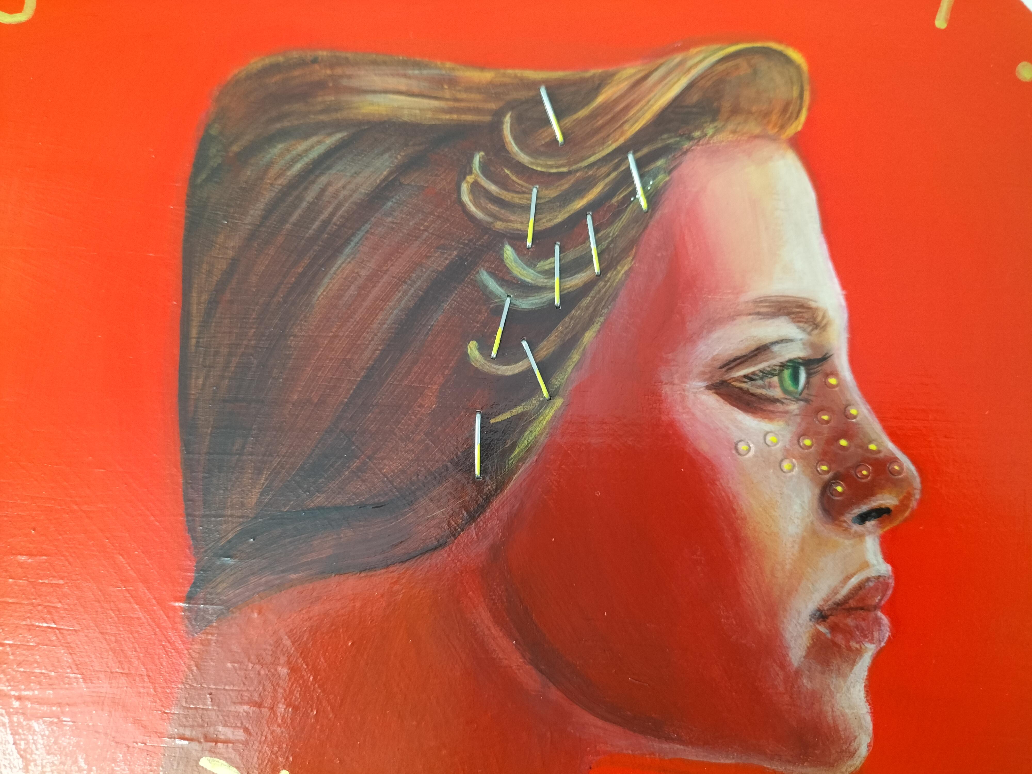 Contemporary Pop Surrealist Side Profile Portrait. Vibrant Red.  