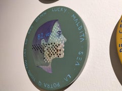 Contemporary Pop Surrealist Portrait. Wood. Green. "Currency #122". Mixed Media