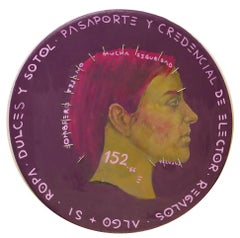 Ritratto pop surrealista contemporaneo. Legno. Viola. "Valuta #120". Tecnica mista