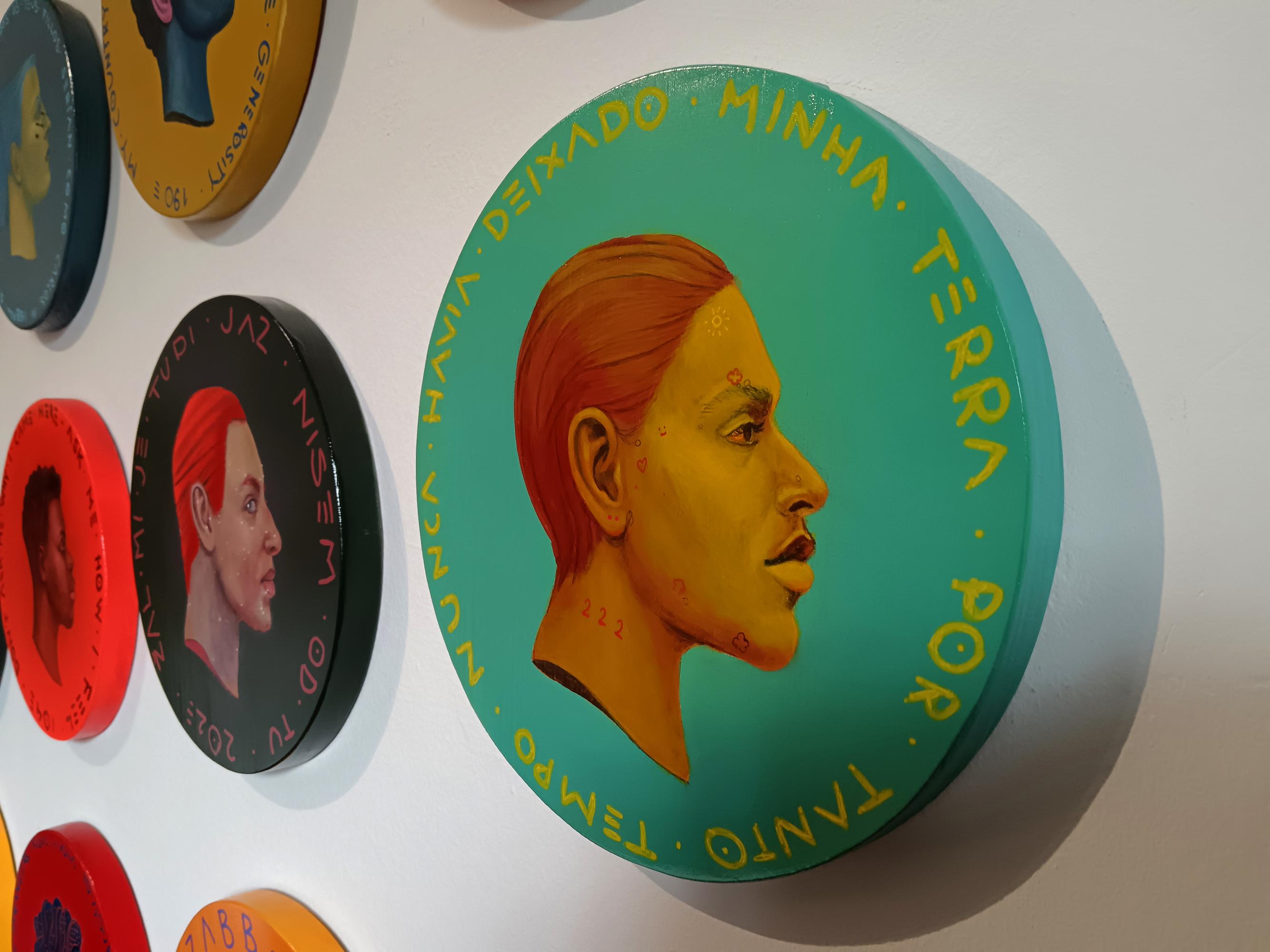 Contemporary Portrait On Wooden Coin. Brasilian Migrant. Cyan. 