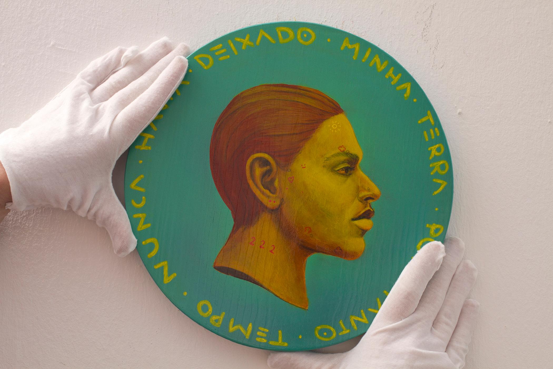 Contemporary Portrait On Wooden Coin. Brasilian Migrant. Cyan. 