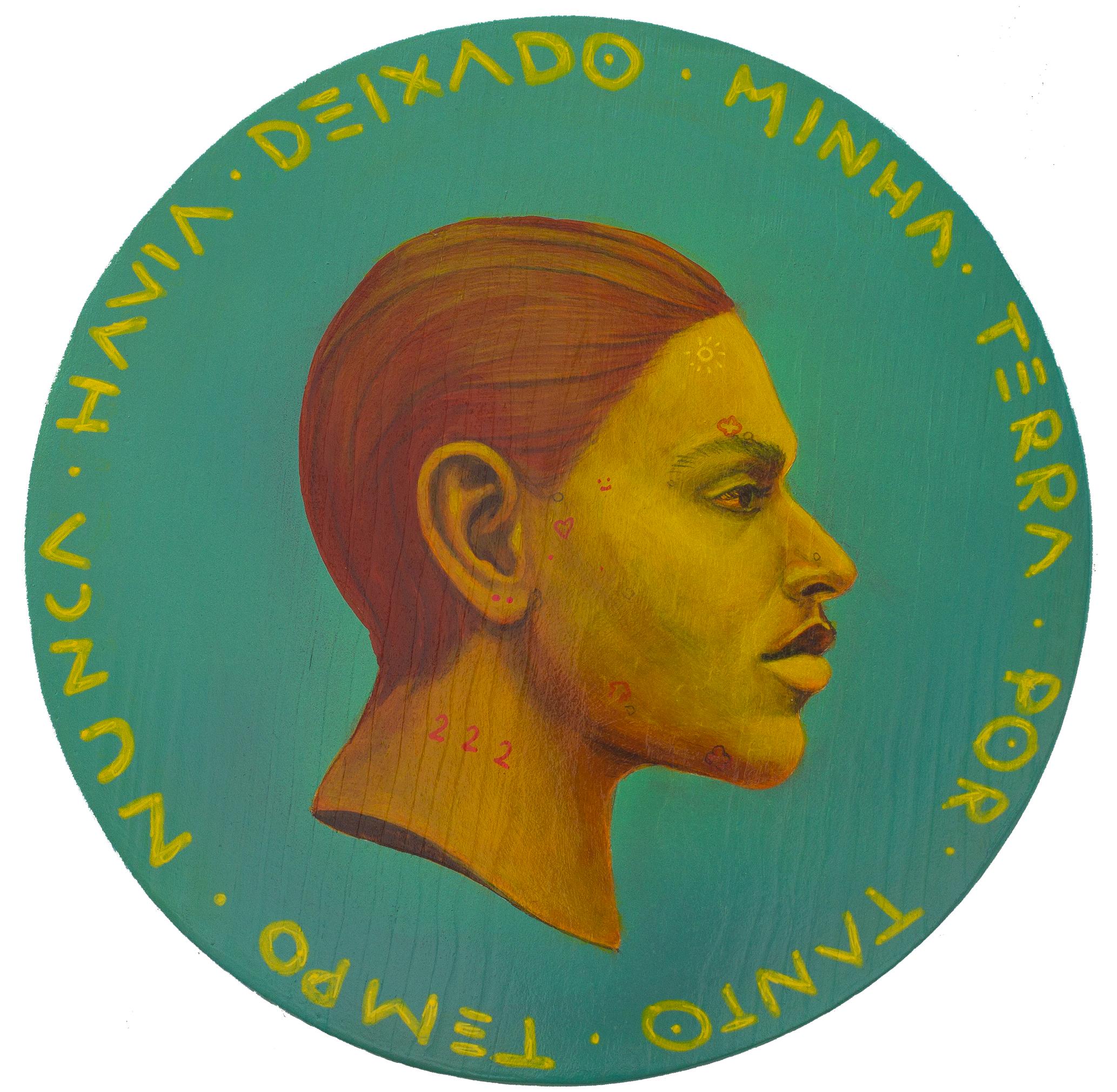 Natasha Lelenco Portrait Painting - Contemporary Portrait On Wooden Coin. Brasilian Migrant. Cyan. "Currency #207"