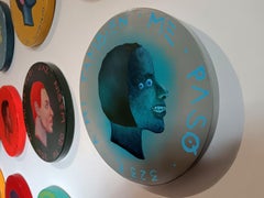 Conceptual Circular Portrait in Blue Acrylic on Wood From the Currencies Series