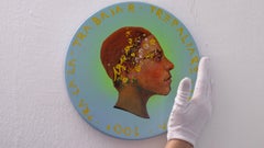 Contemporary Portrait On Wooden Coin. Migrant Work, Sky Blue  "Currency #204"