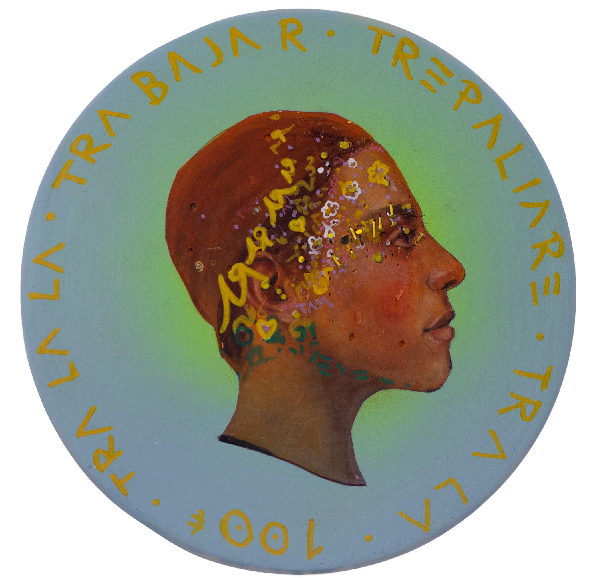Natasha Lelenco Portrait Painting - Contemporary Portrait On Wooden Coin. Migrant Work, Sky Blue  "Currency #204"