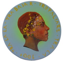 Contemporary Portrait auf Holzmünze. Migrant Work, Himmelblau  "Währung #204"