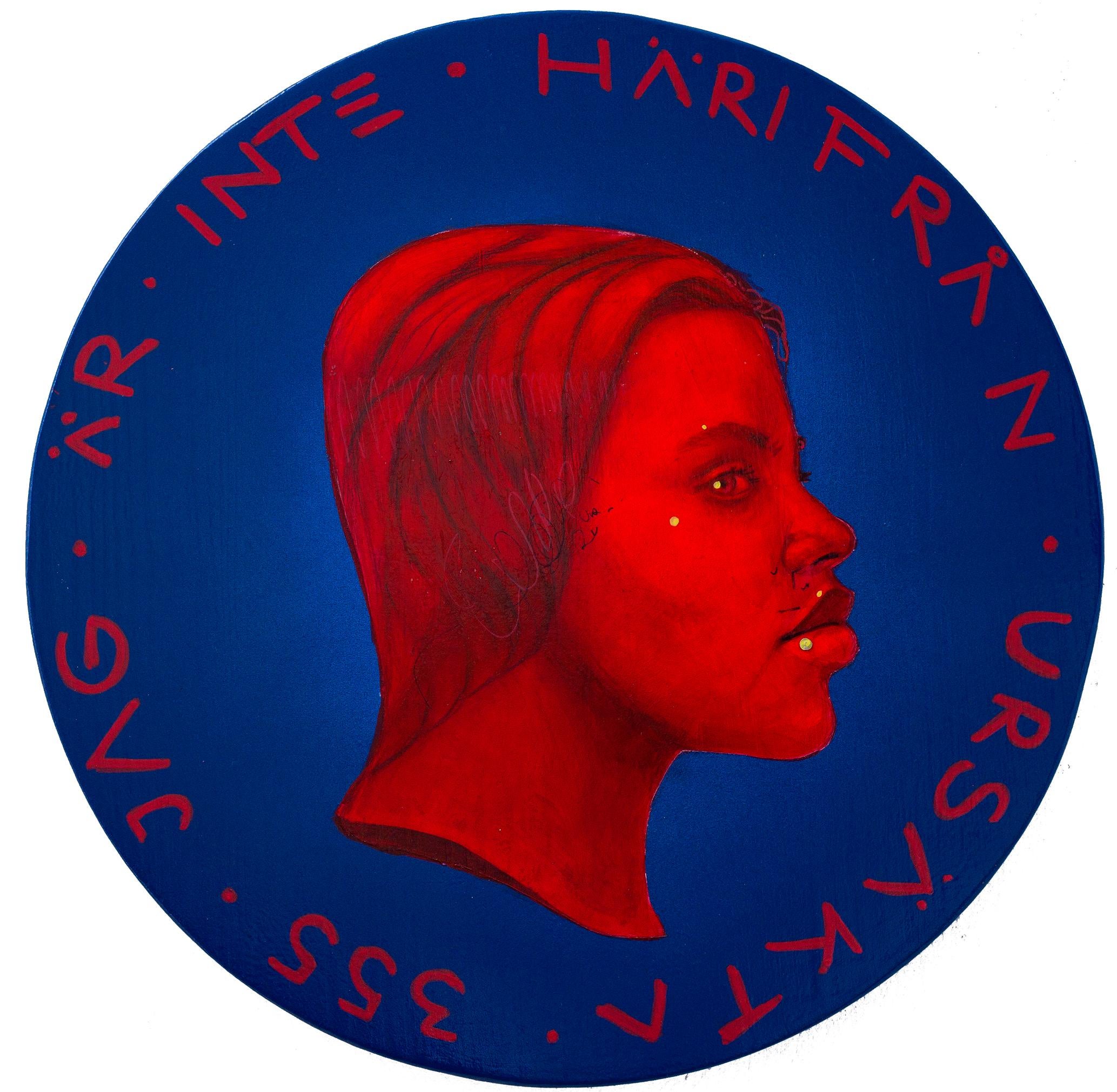Portrait contemporain Pièce de monnaie en bois. Flueur rouge vibrante et bleue. "Devise #209" - Mixed Media Art de Natasha Lelenco