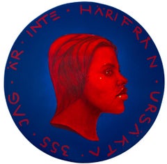 Portrait contemporain Pièce de monnaie en bois. Flueur rouge vibrante et bleue. "Devise #209"
