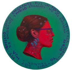 Contemporary Woman Portrait on Wooden Red and Green Coin. Latina "Currency #239"