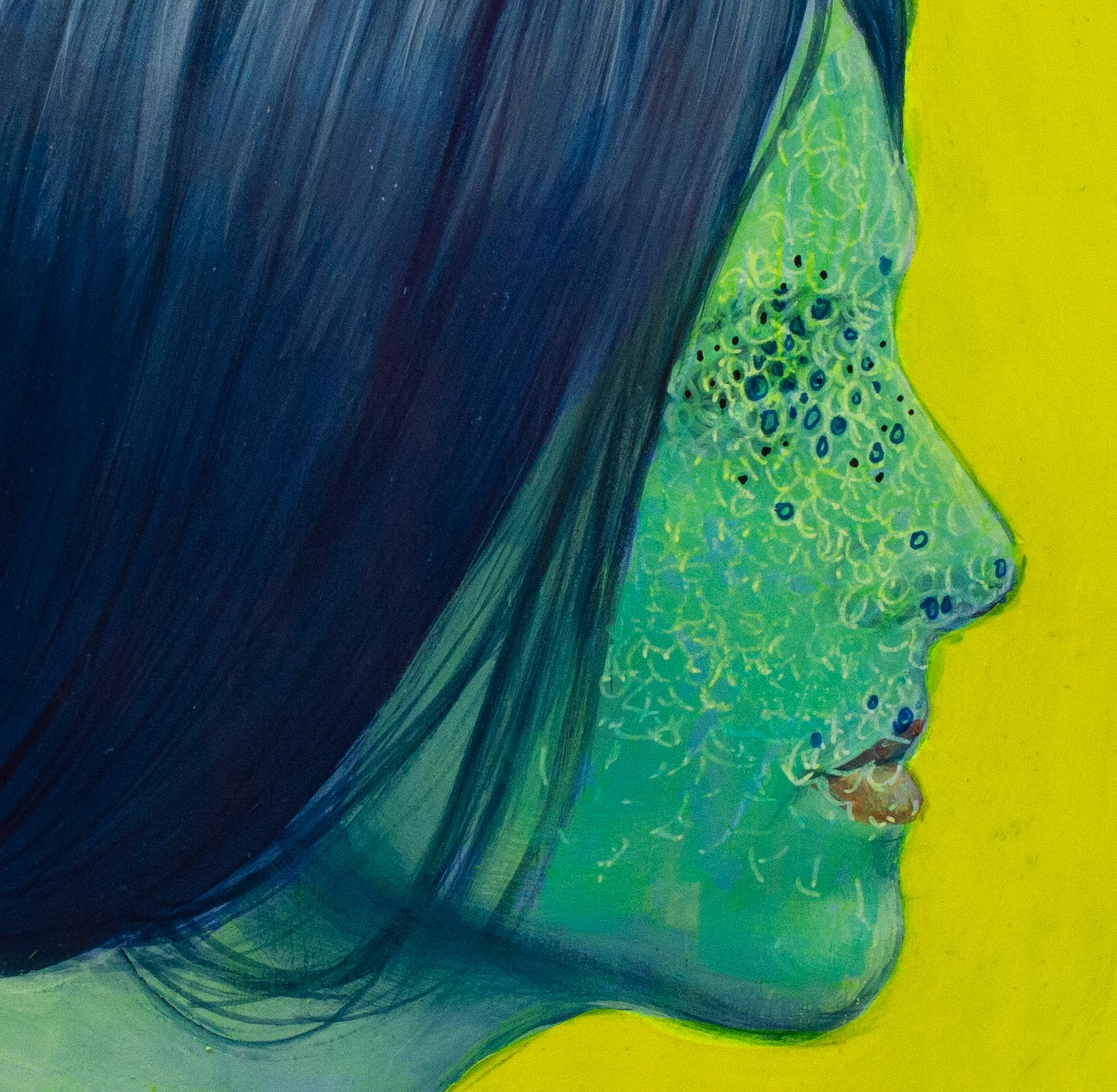 Part of Natasha Lelenco’s Currencies series, Currency #261 presents a striking profile portrait of a young woman in greenish tones against a luminous yellow background. Her face, partially pixelated with metal inserts, suggests fragmented identity,