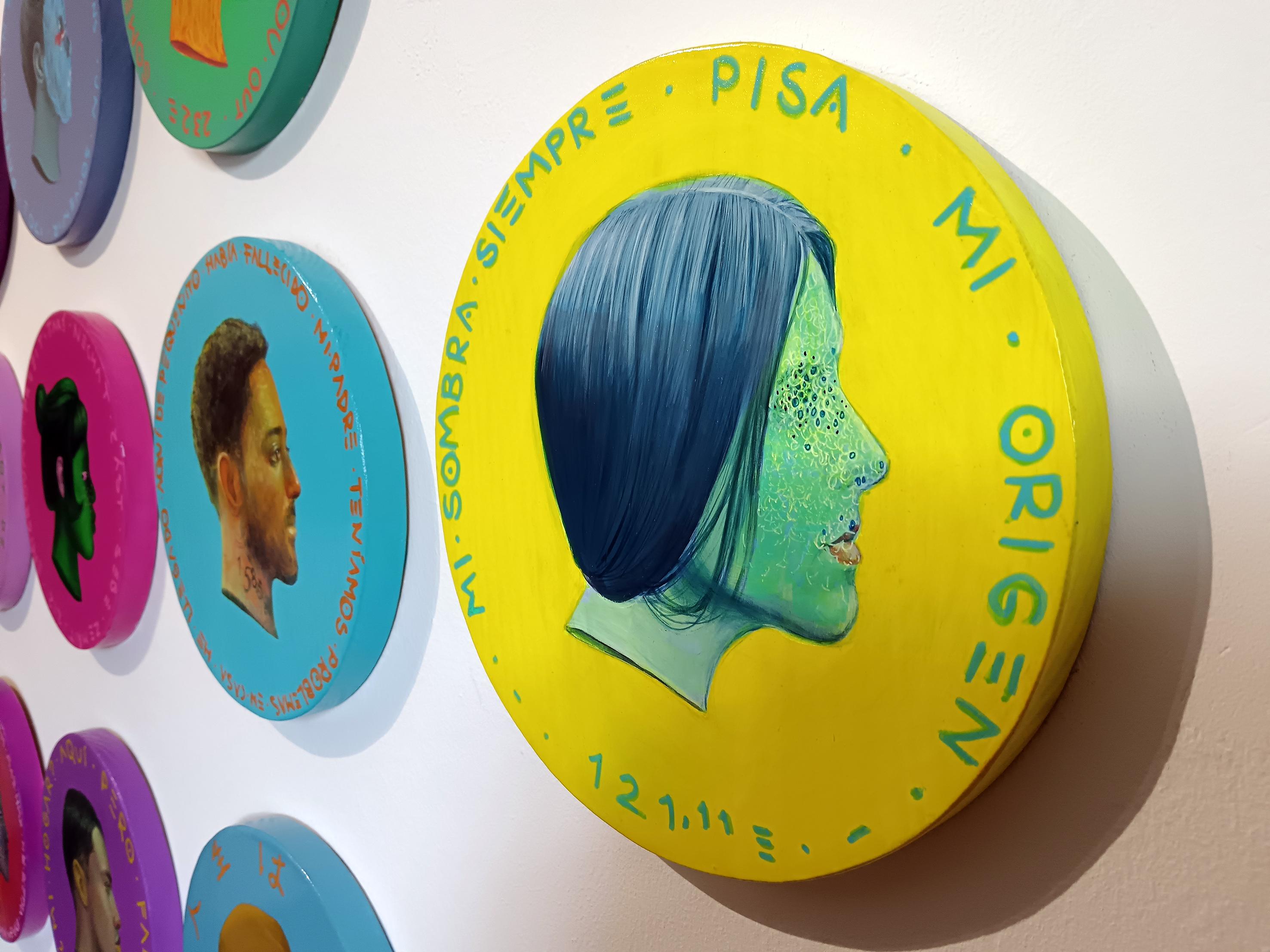 Faceless Portrait on Yellow Coin. Currency #261. Contemporary Identity Painting For Sale 1