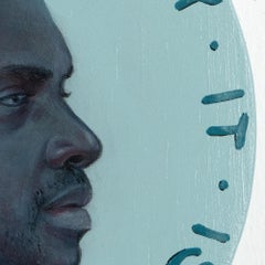 Währung #264 - Acryl auf Holz, BIPOC Porträt mit Text auf blauem Hintergrund