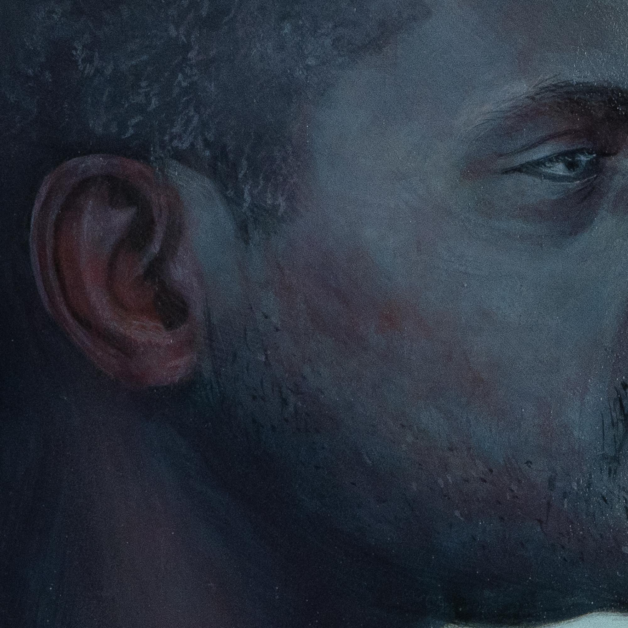Valuta #264 - Acrilico su Wood, ritratto di BIPOC con testo su sfondo blu - Portrait Painting Blu di Natasha Lelenco
