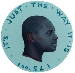 Moneda #264 - Acrílico sobre madera, Retrato de BIPOC con texto sobre fondo azul