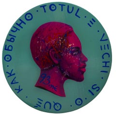 Cyan and Pink Fluor Contrast Side Profile Male Portrait on Wood "Currency #171"