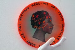 Green and Red Fluor Graffiti Portrait on  Circular Wood. Woman "Currency  #181"