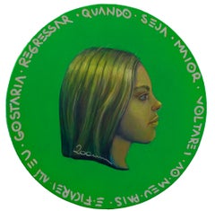 Green Contemporary Youth Portuguese Portrait on Wooden Coin, "Currency #241"
