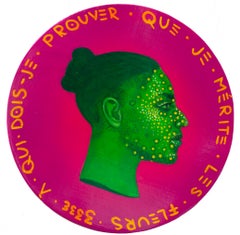 Green Female Portrait & Naive Flowers. Magenta and Pink Fluor. "Currency #177"