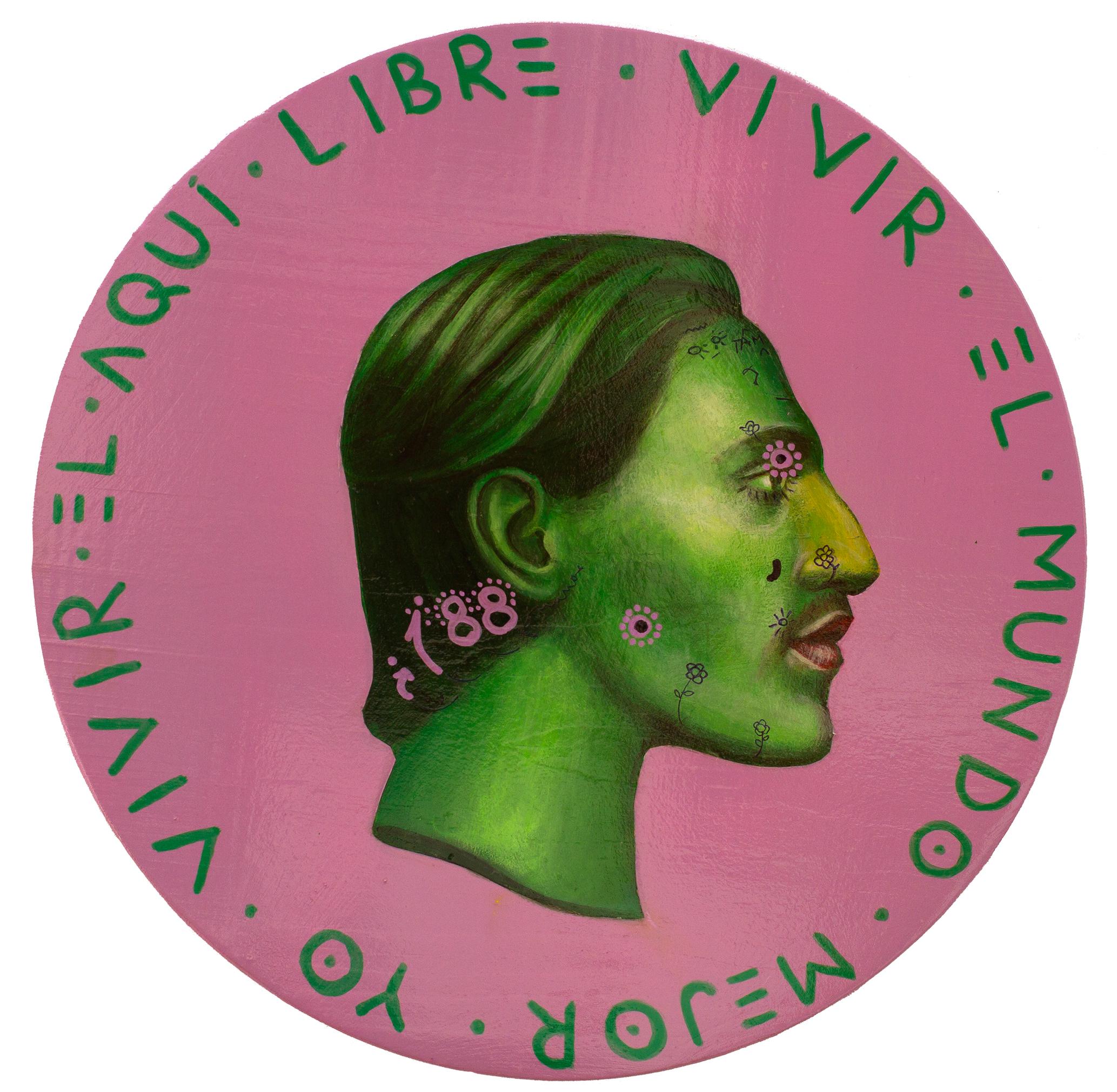 Natasha Lelenco Portrait Painting - Green Fluor Side Profile Portrait. Male European Inmigrant. "Currency #180"