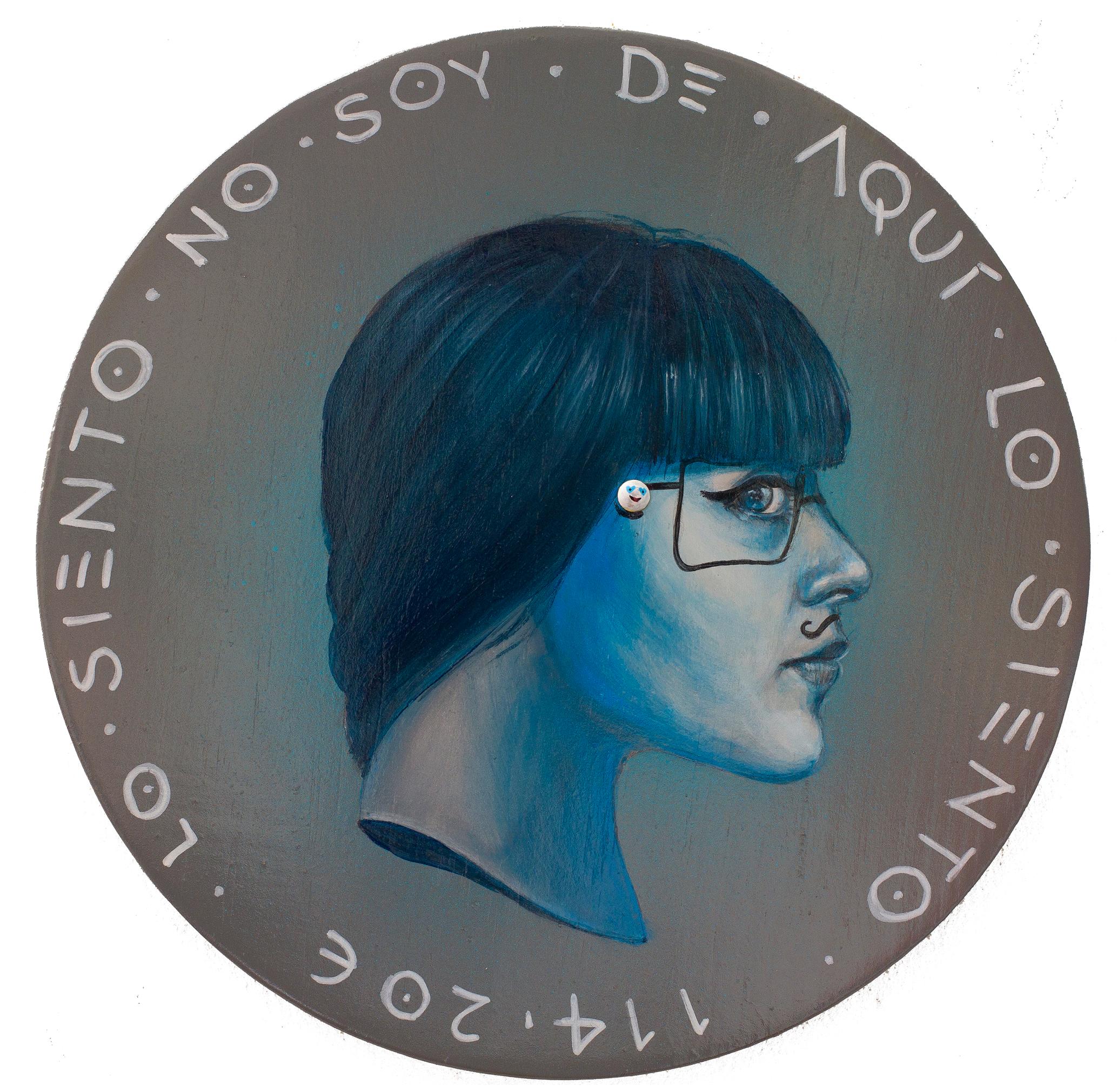 Natasha Lelenco Portrait Painting - Grey and Blue. Eastern European Side Profile Female Portrait. Currency #188