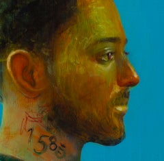 Turquoise Circular Portrait Painting on Wood Exploring Memory and Migration