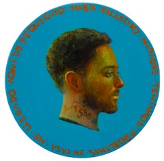 Hyperrealistic Man Biographical Portrait on Blue Circular Panel, 'Currency #254'