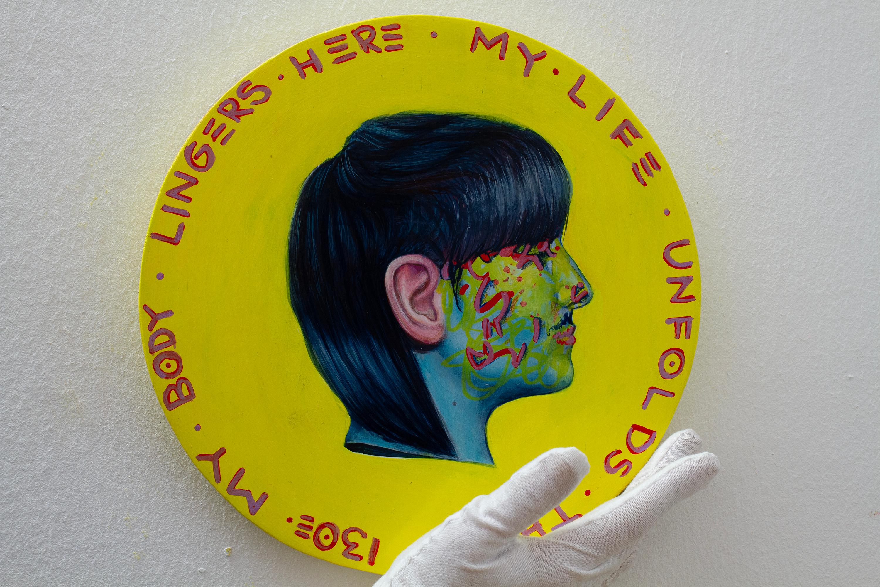 Contemporay Woman's  Portrait on Yellow Background Circular Wood . Currency #260 - Painting by Natasha Lelenco