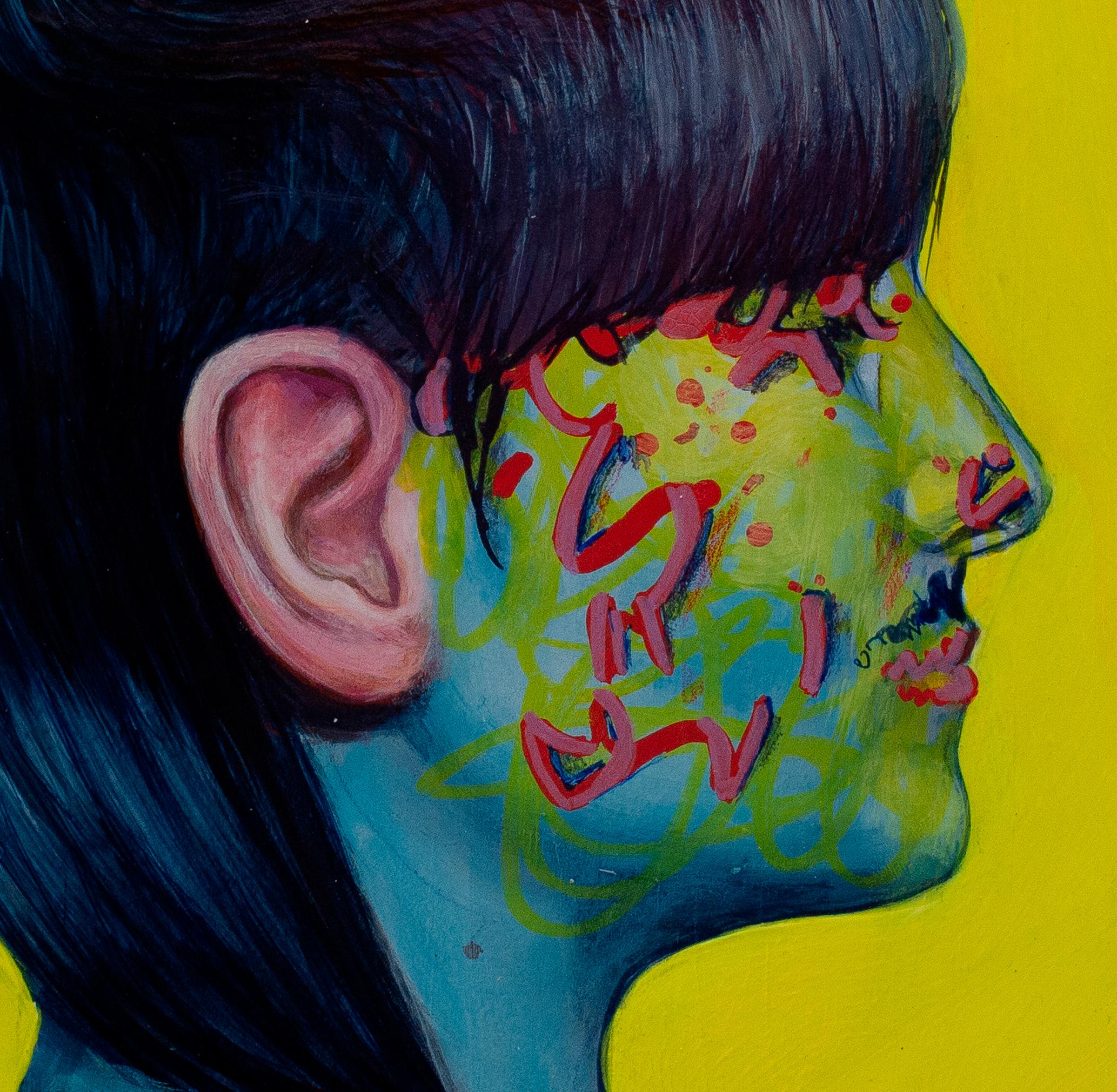 Contemporay Woman's  Portrait on Yellow Background Circular Wood . Currency #260 - Street Art Painting by Natasha Lelenco