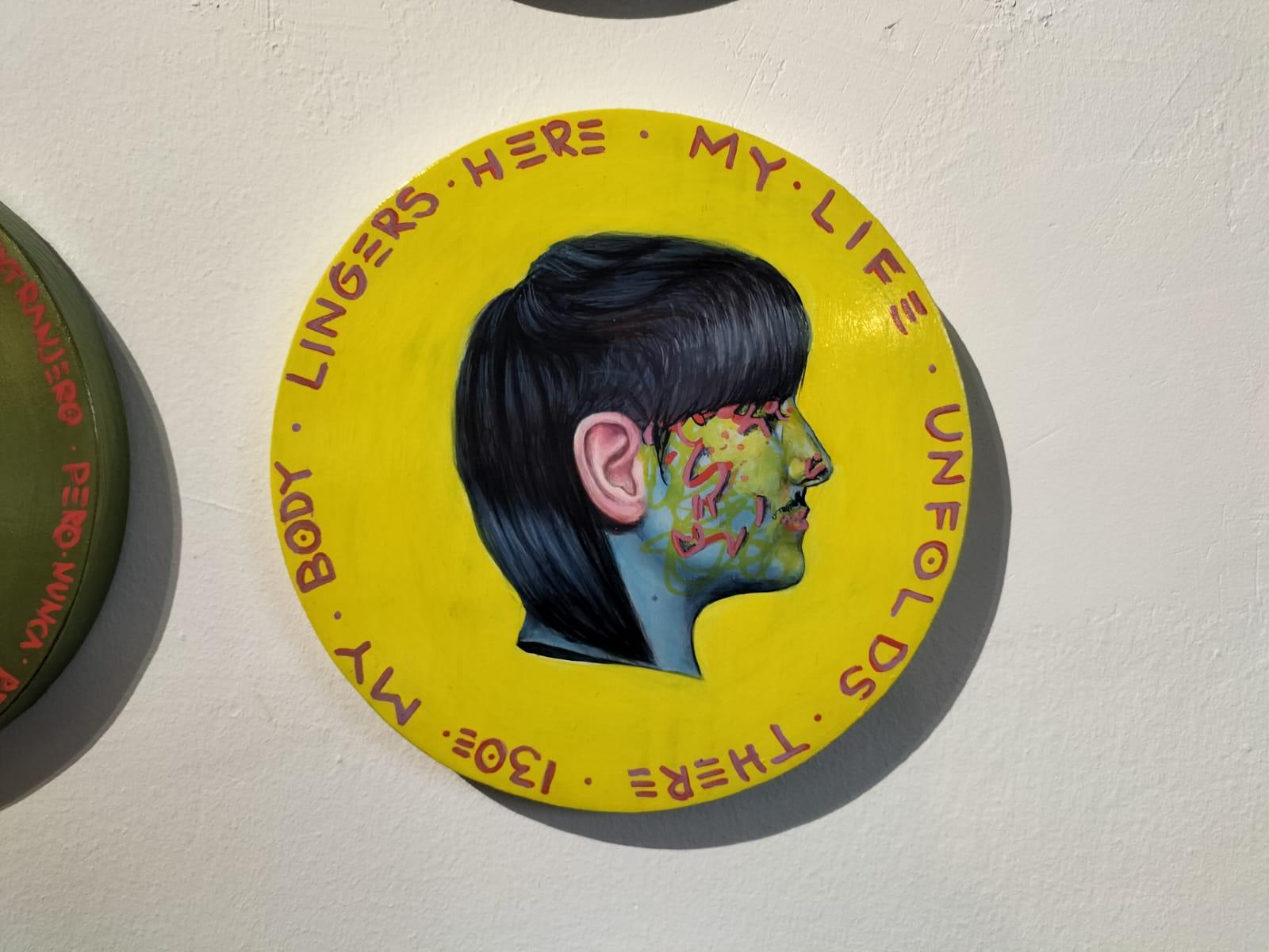 Contemporay Woman's  Portrait on Yellow Background Circular Wood . Currency #260 - Brown Portrait Painting by Natasha Lelenco