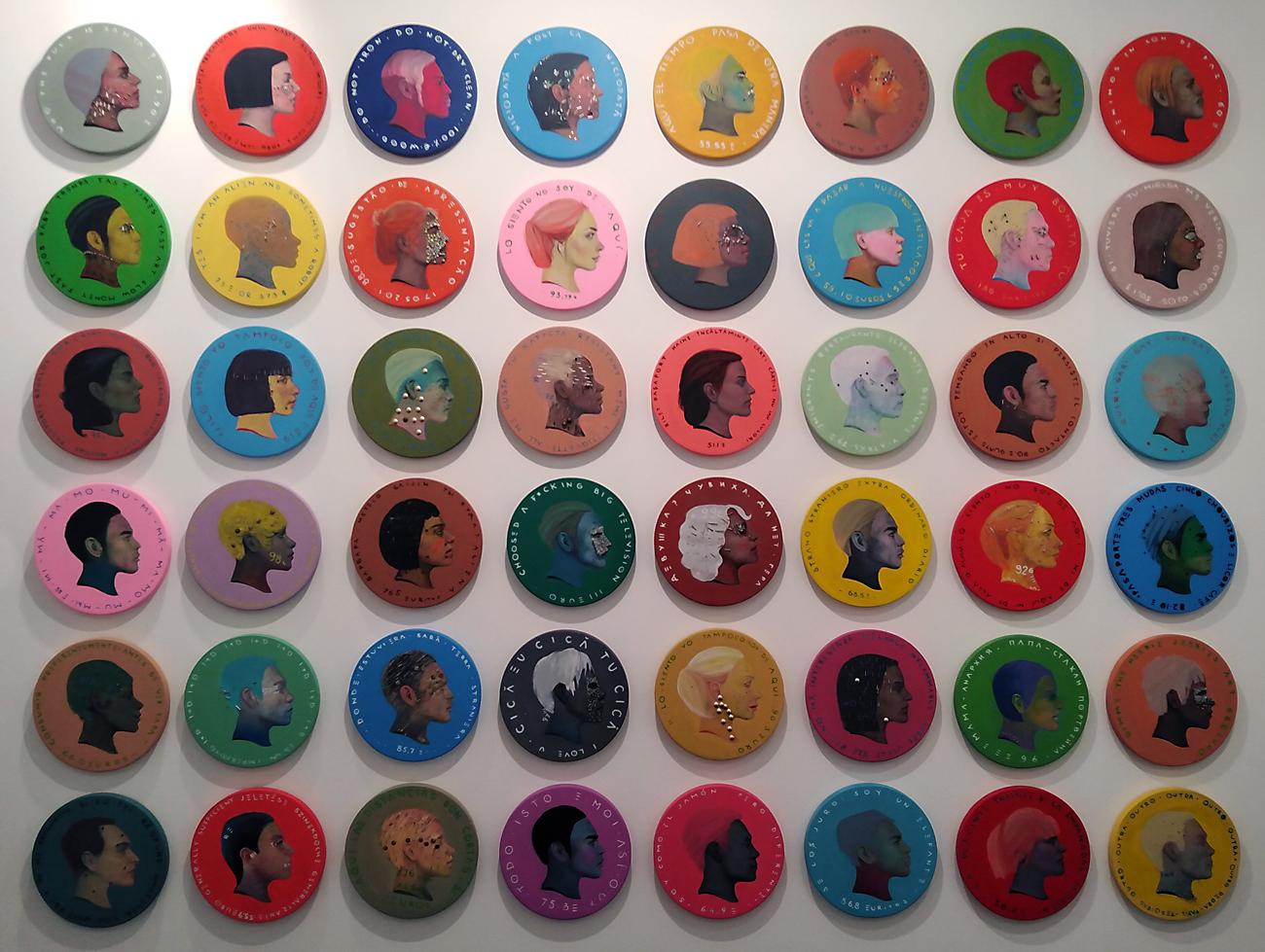 Contemporay Woman's  Portrait on Yellow Background Circular Wood . Currency #260 For Sale 4
