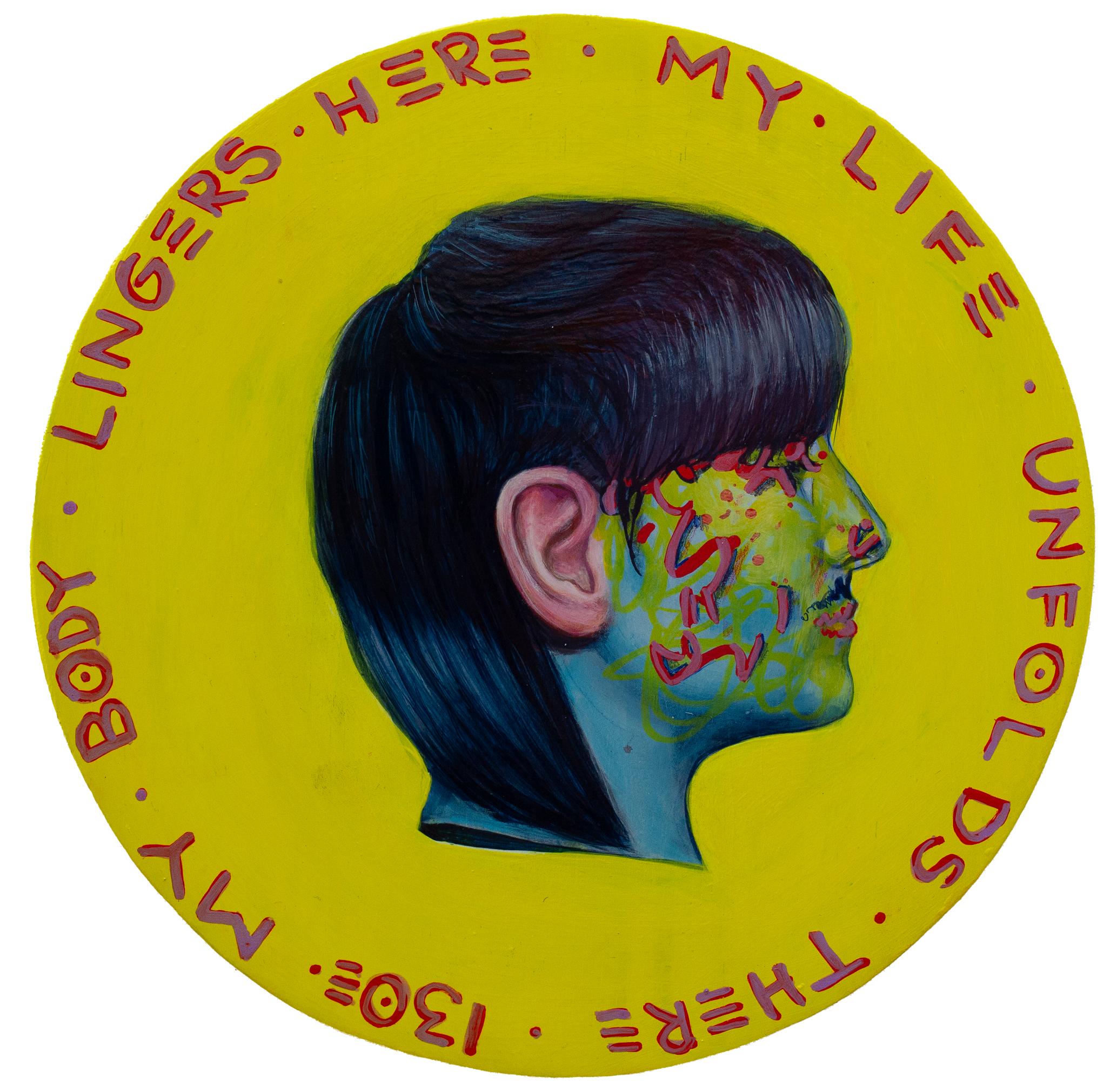 Mujer Contemporánea  Retrato sobre fondo amarillo Madera circular . Moneda nº 260