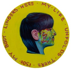 Femme contemporaine  Portrait sur fond jaune, bois circulaire. Monnaie #260