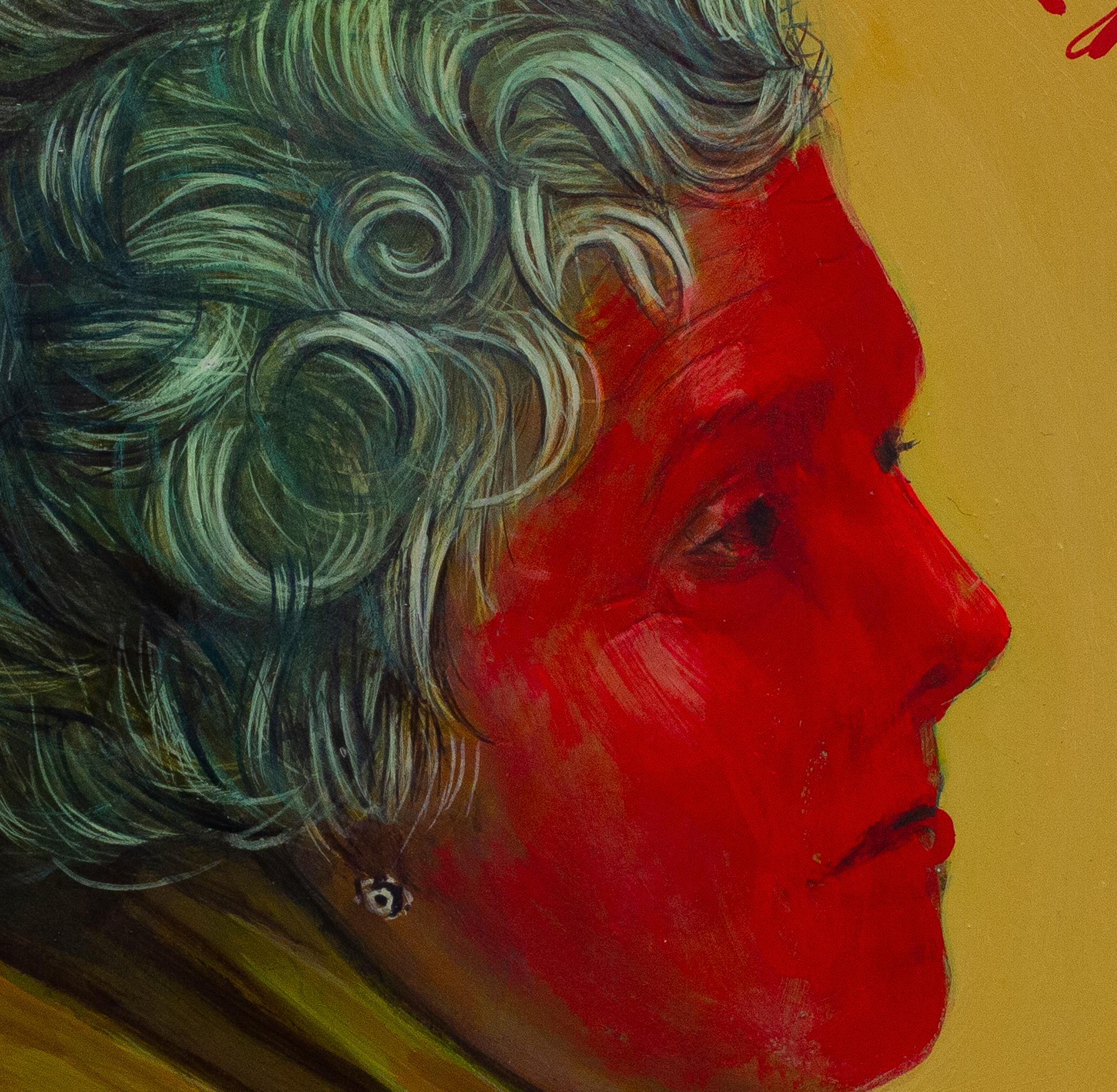 : ältere weiblichewandererwandererwanderer Porträt auf Münze mit spanischer Inschrift. Ocker und Rot (Braun), Portrait Painting, von Natasha Lelenco