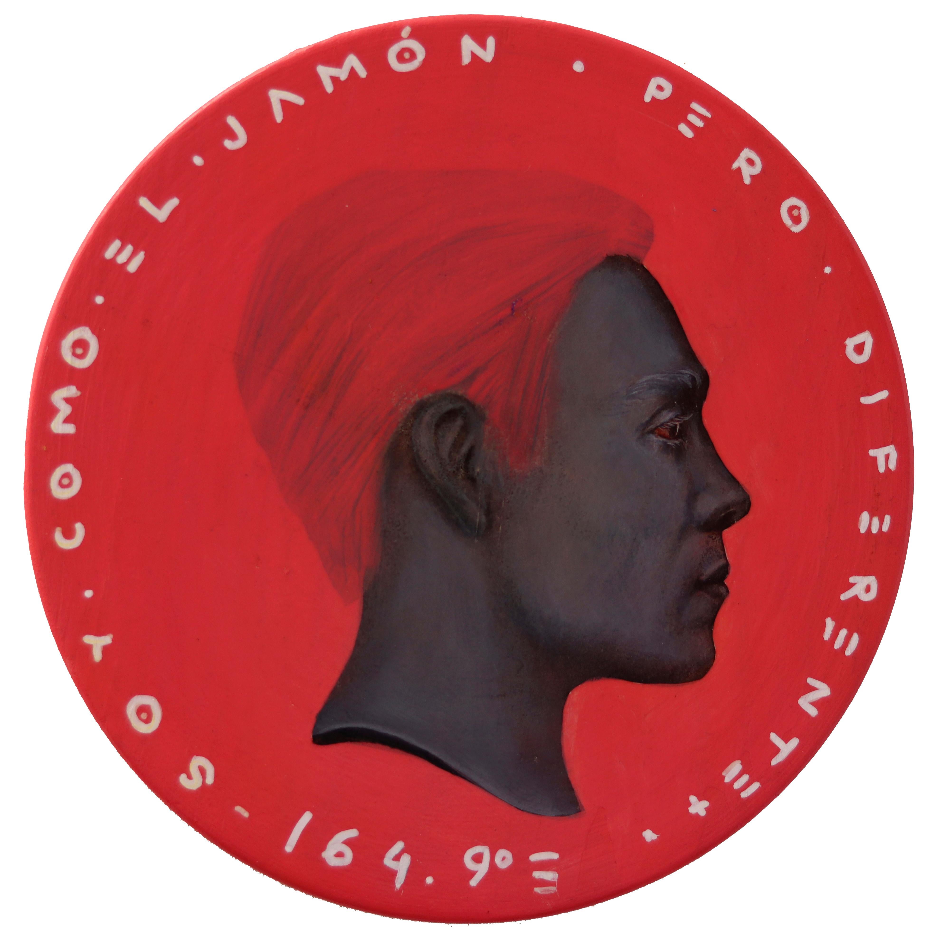 Natasha Lelenco Portrait Painting - Pale Red and Grey Contrast Side Profile Male Portrait on Wood "Currency #162"