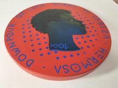 Pop Surrealist Face Coin Profile Portrait On Wood. Black Woman "Currency #136"