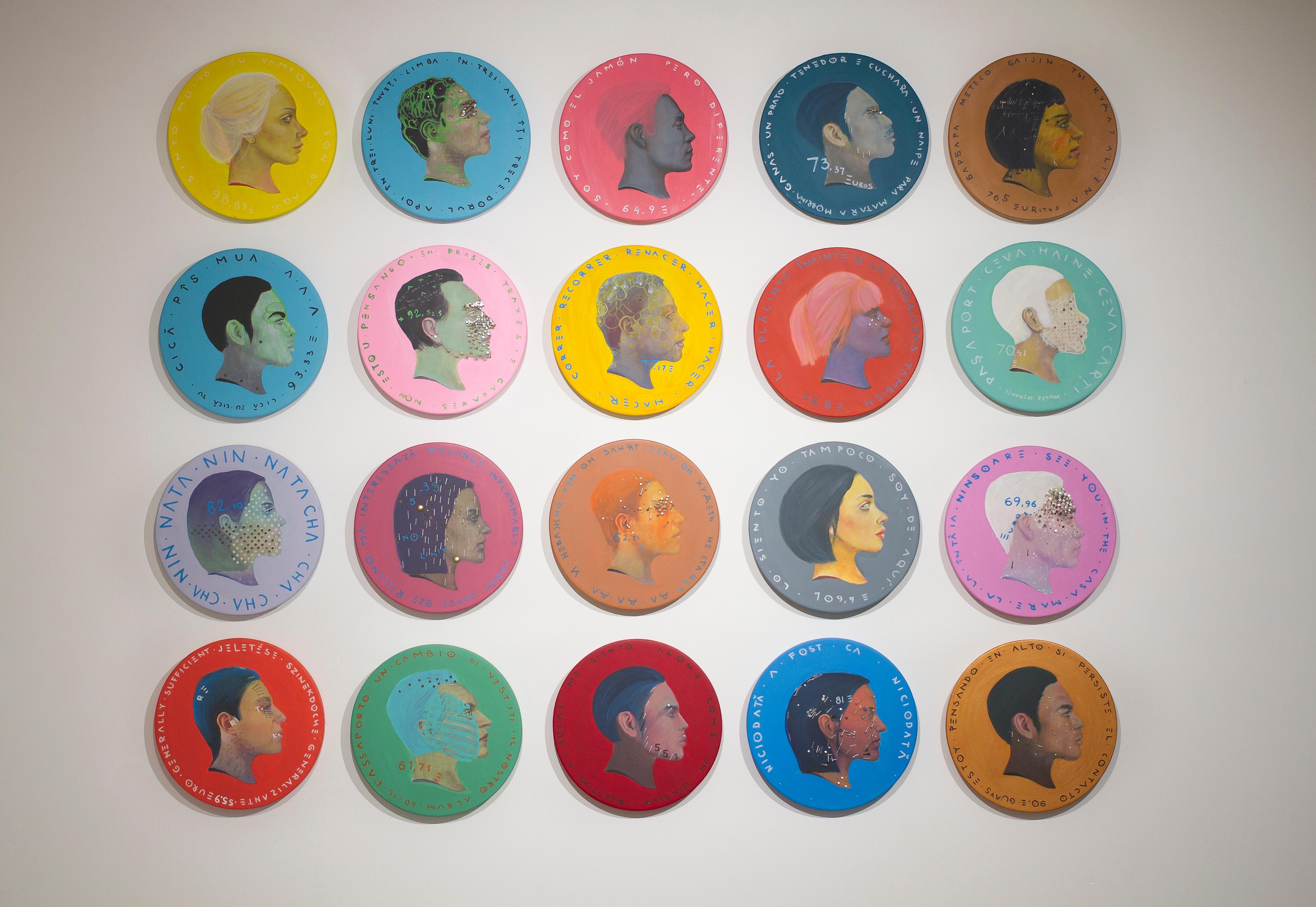  Pop Surrealist Face Coin Profile Portrait On Wood. Black Woman 