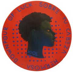 Pop Surrealist Face Coin Profile Portrait On Wood. Black Woman "Currency #136"