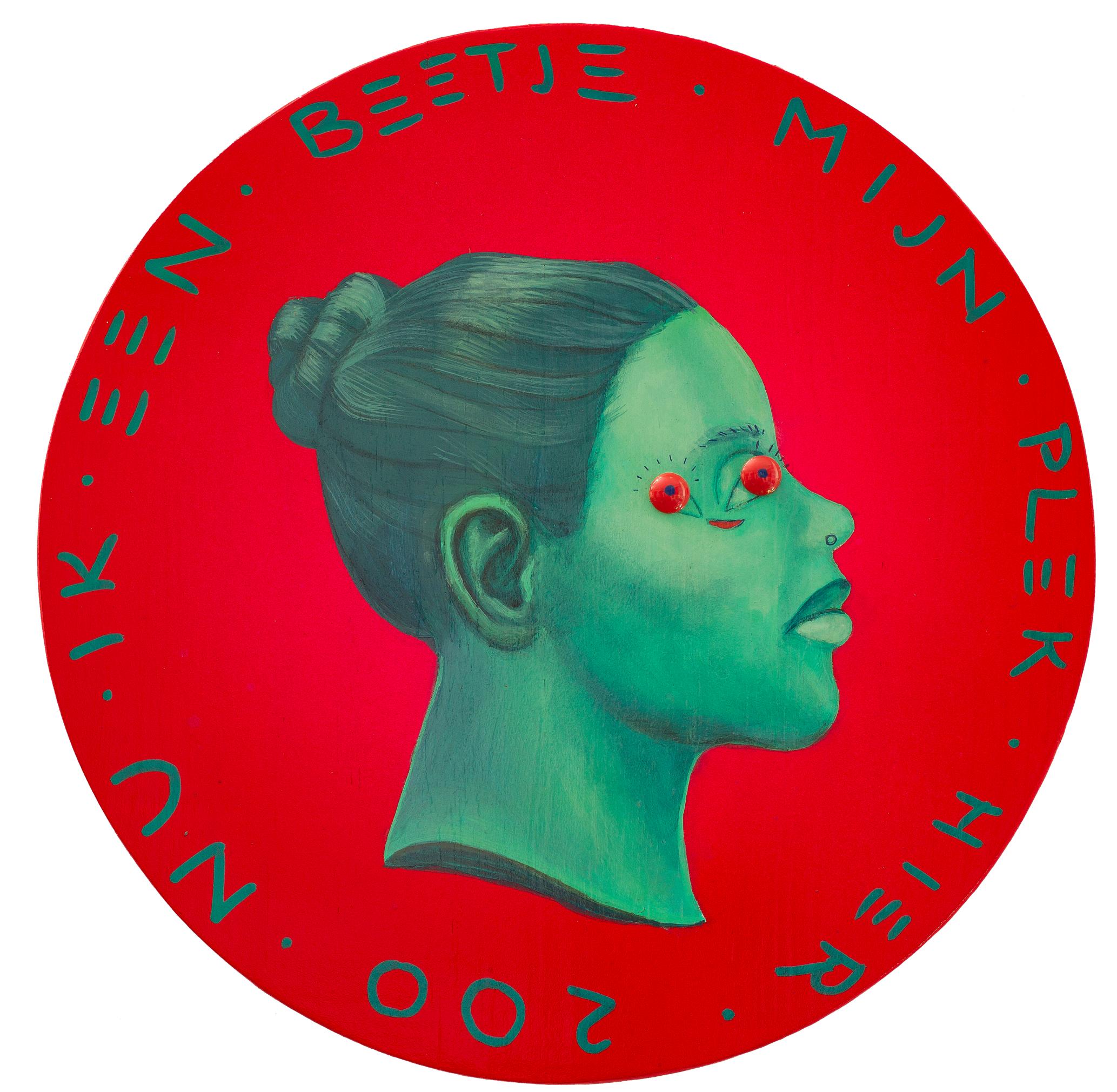 Natasha Lelenco Portrait Painting - Pop Surrealist Portrait on Wood. Naive. Green and Red Design. "Currency #210"