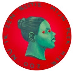 Surrealistisches Porträt auf Holz im Pop-Stil. Naiv. Grünes und rotes Design. "Währung #210"